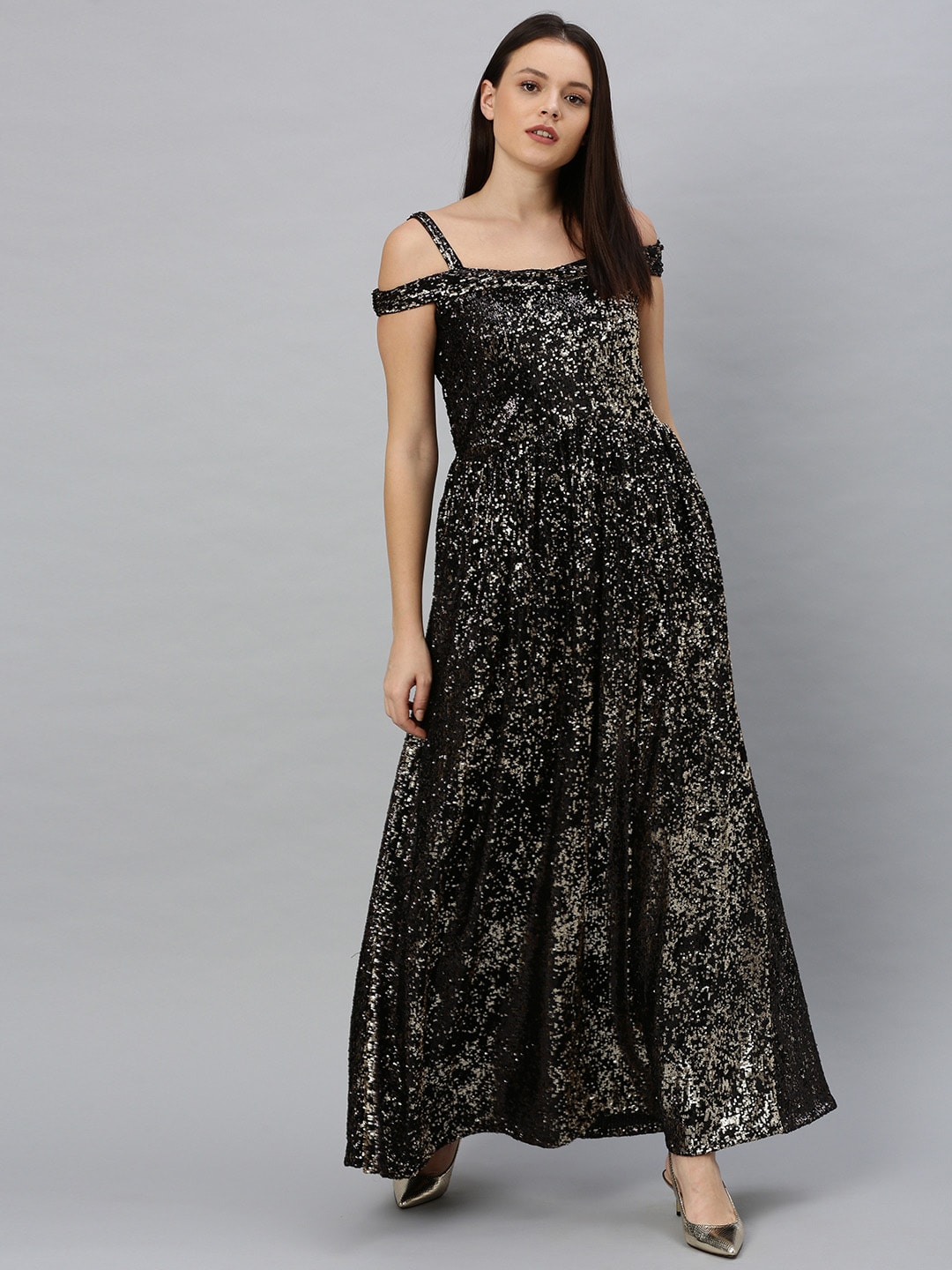 EthnoVogue Women Black Sequinned Embellished Made to Measure Maxi Dress Price in India