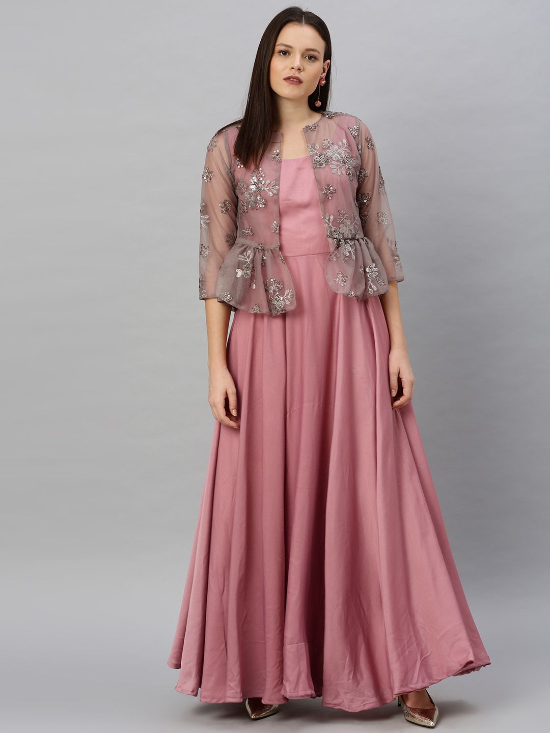 EthnoVogue Women Mauve Solid Made to Measure Maxi Dress with Embroidered Jacket Price in India