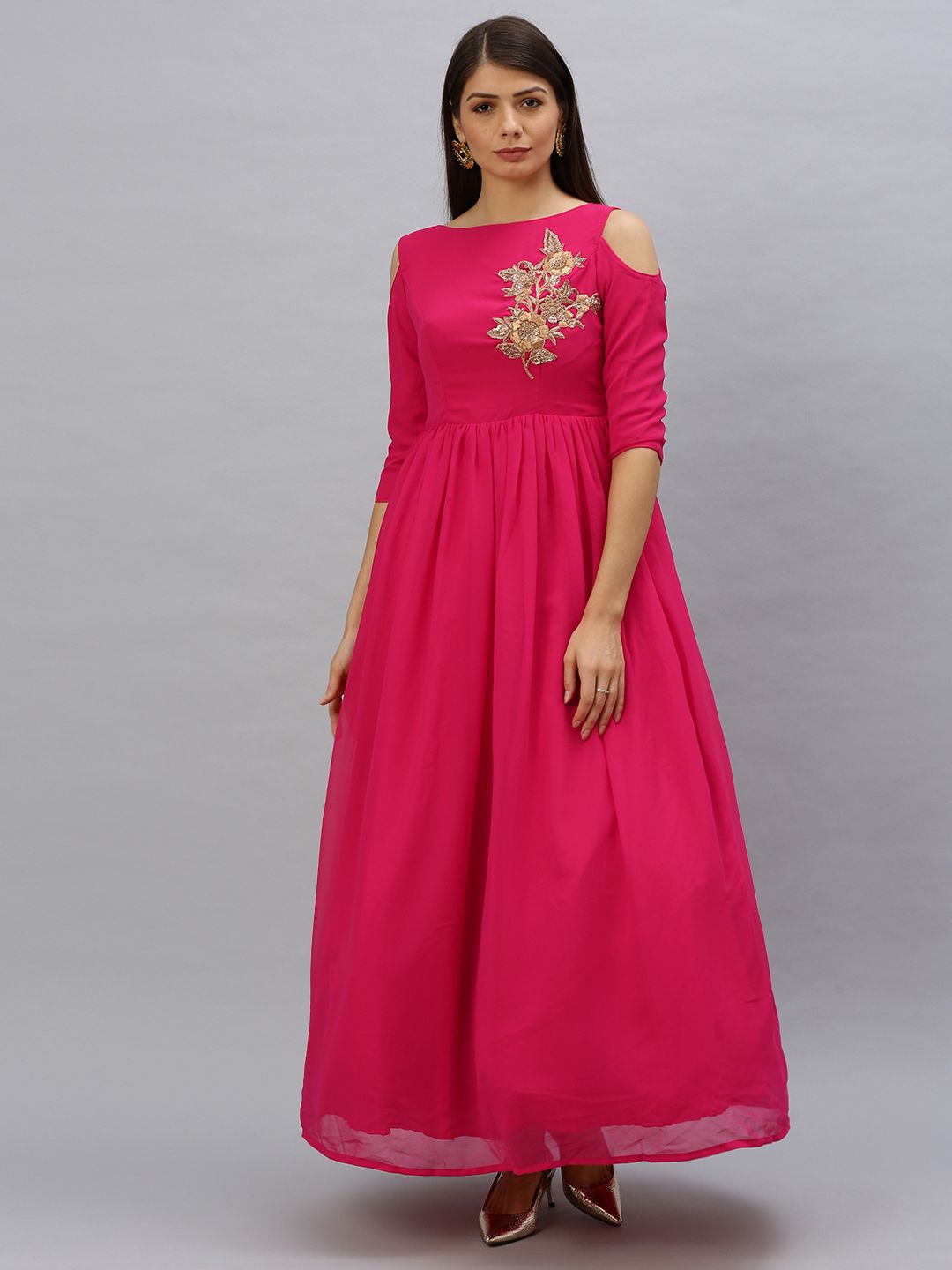 EthnoVogue Women Pink Solid Made To Measure Boat Neck Maxi Gown with Embroidery Price in India