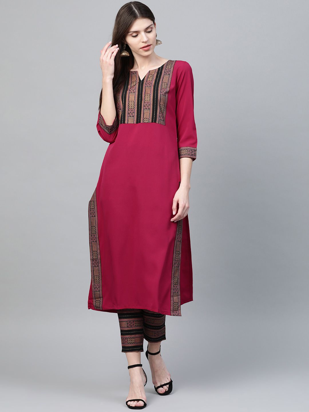 ZIYAA Women Magenta & Black Yoke Design Kurta with Trousers