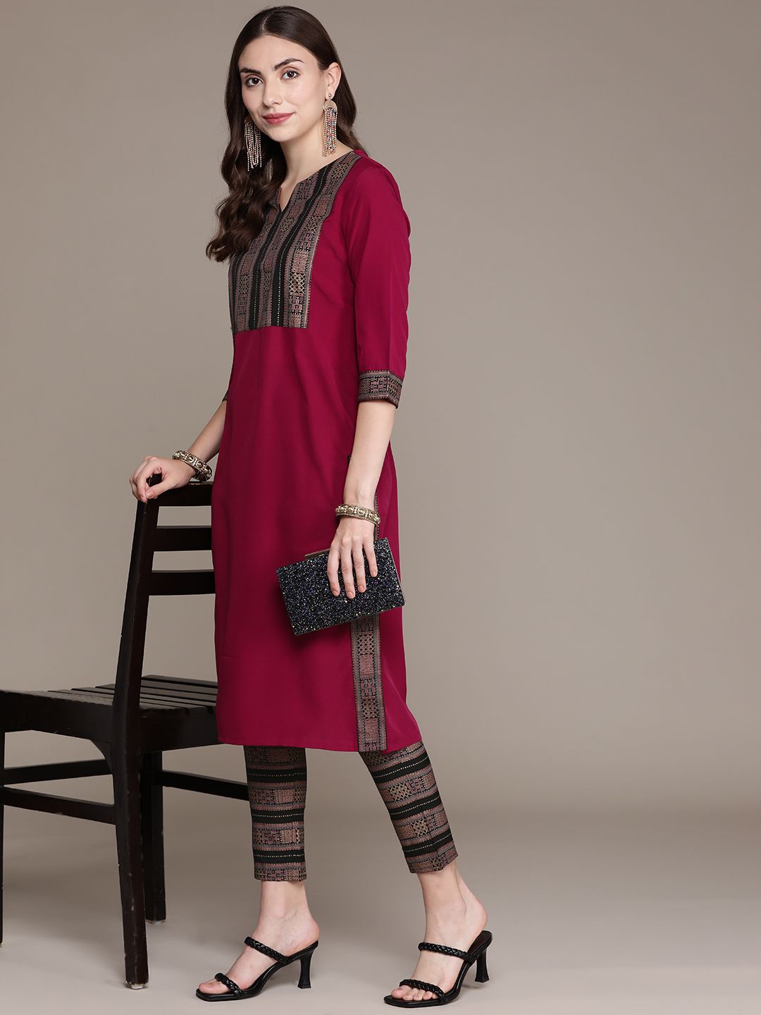 ZIYAA Women Magenta & Black Yoke Design Kurta with Trousers Price in India