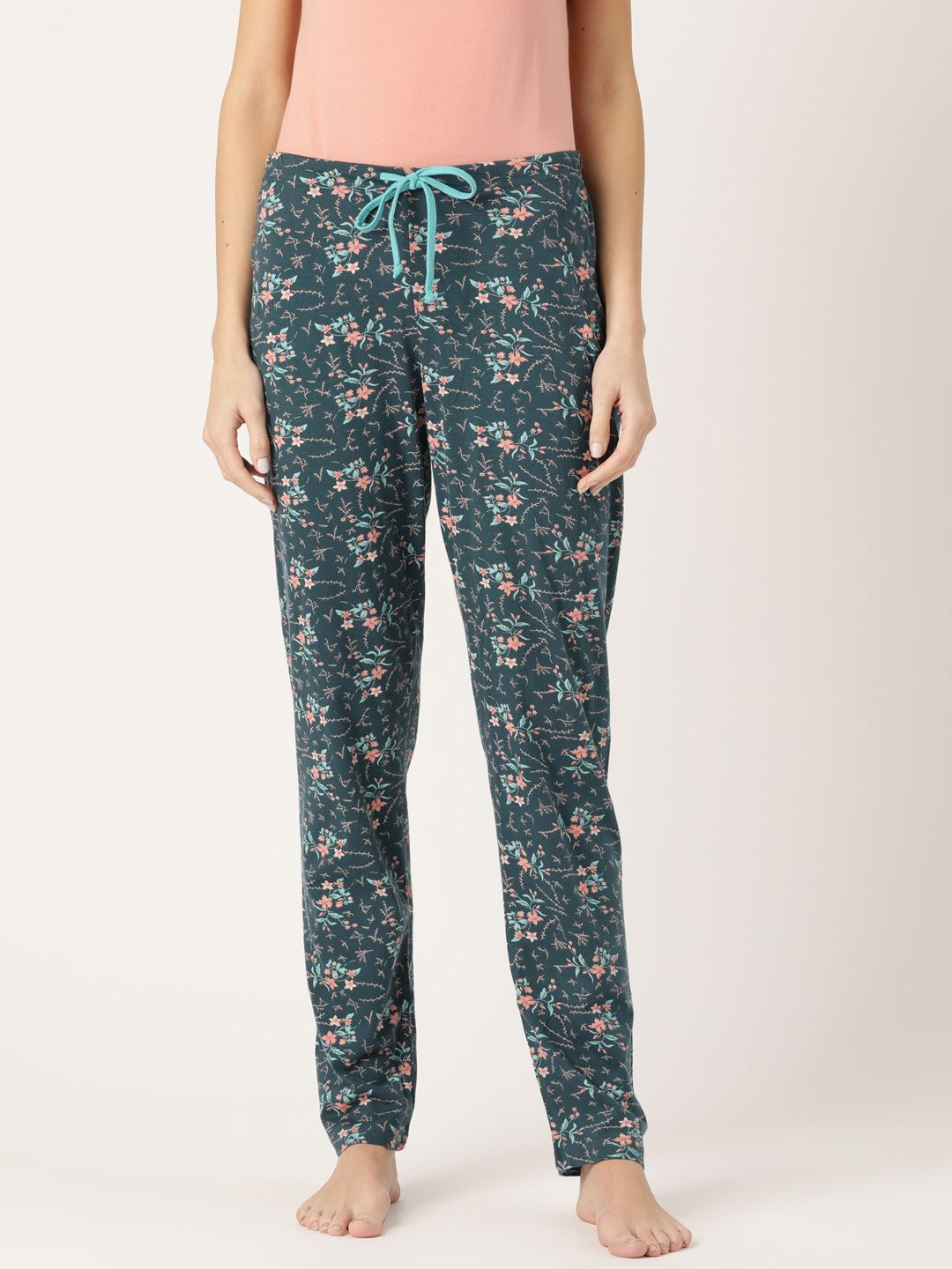 Kanvin Women Teal Blue & Peach-Coloured Floral Printed Lounge Pants Price in India