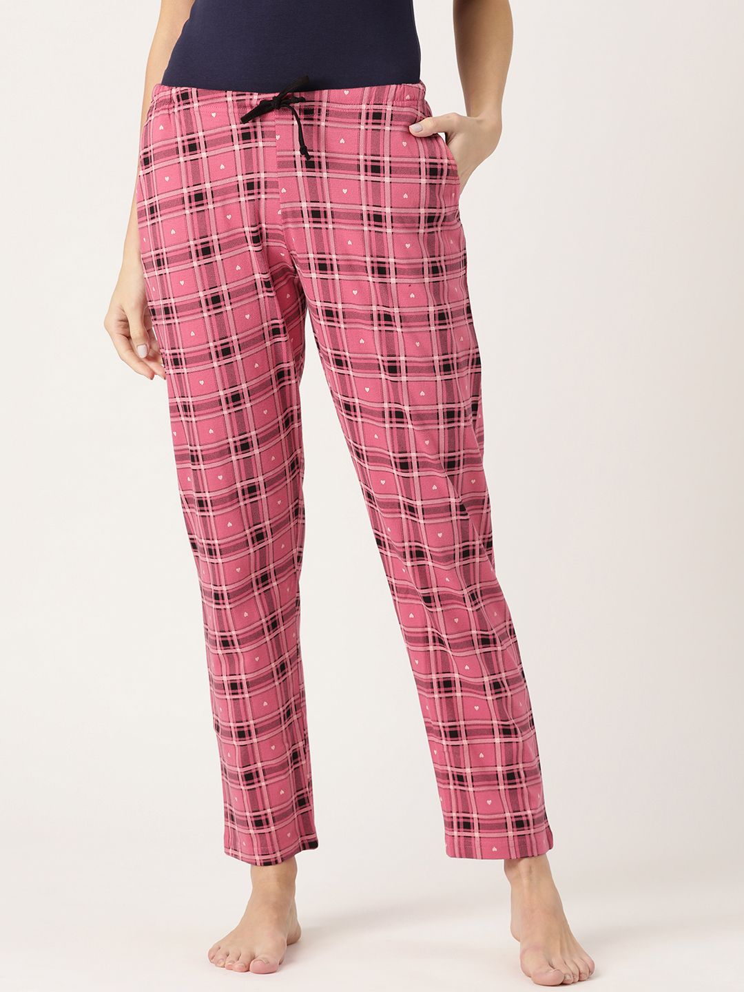 Kanvin Women Lime Pink & Black Checked Lounge Pants Price in India