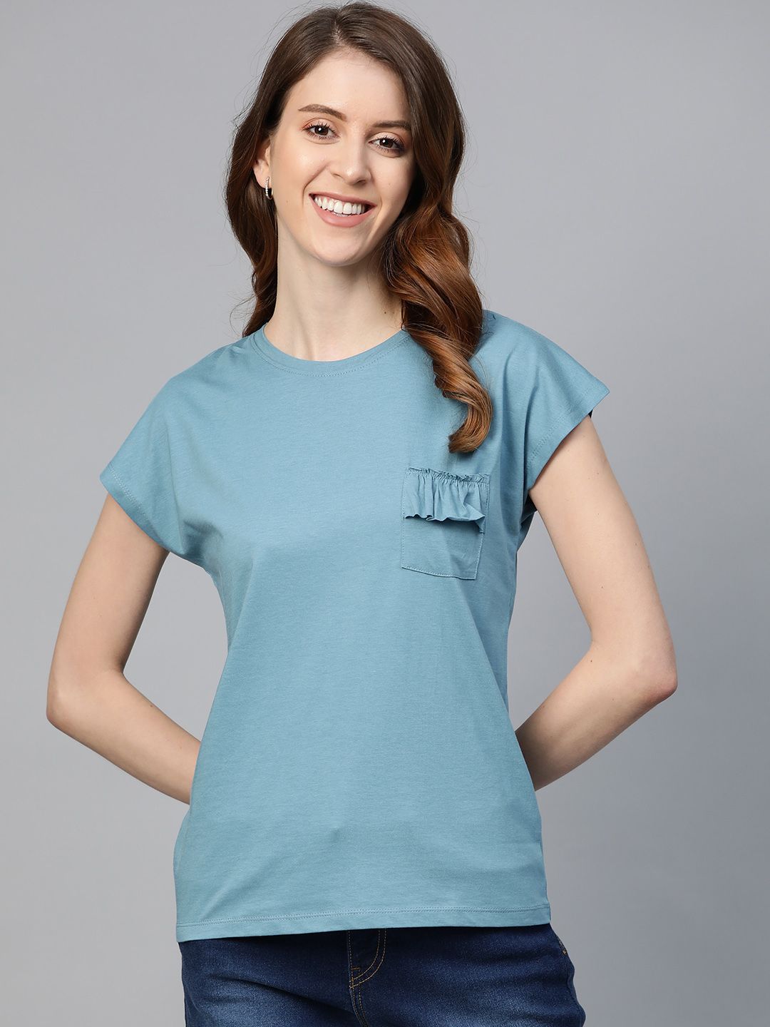 Mast & Harbour Women Blue Solid Round Neck T-shirt