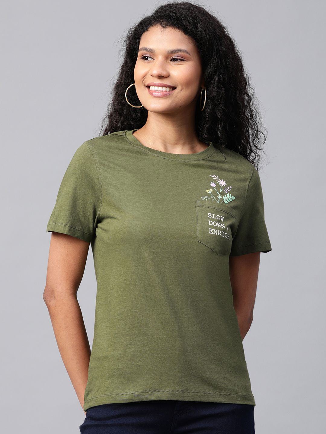 Mast & Harbour Women Olive Green Pocket Detailing Round Neck T-shirt