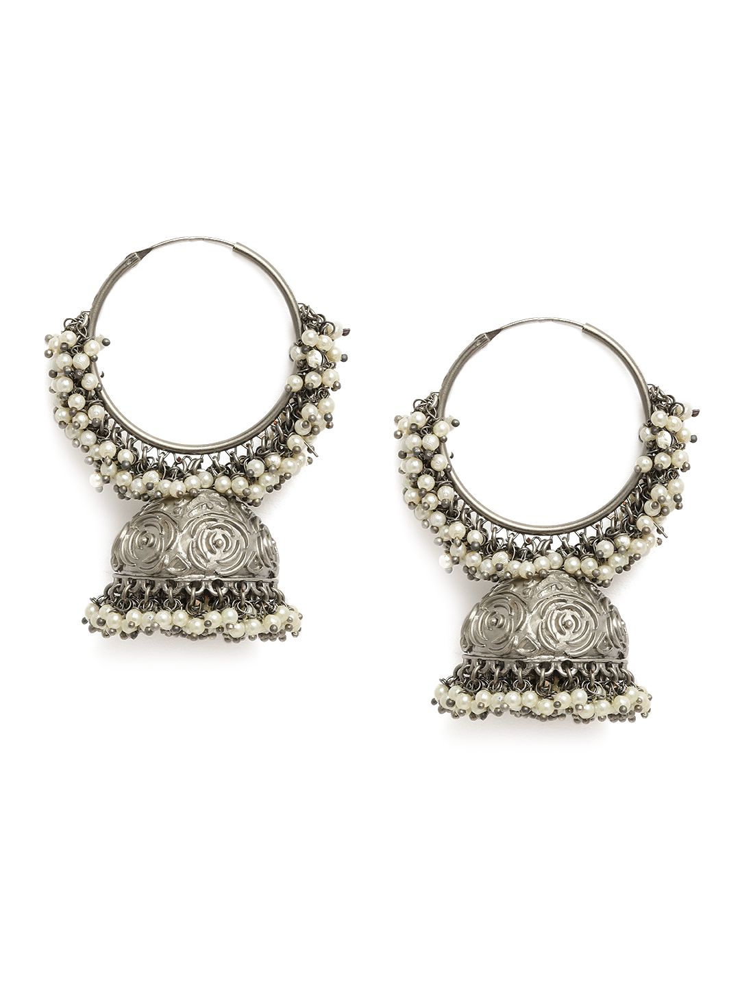 LAIDA Silver-Toned Rhodium Plated Silver Oxidized Dome Shaped Jhumkas Price in India