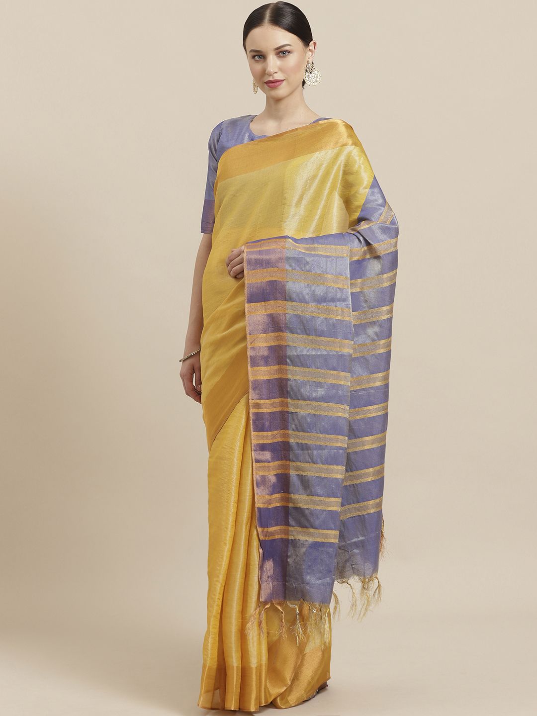 Saree mall Mustard Yellow Solid Silk Blend Saree Price in India