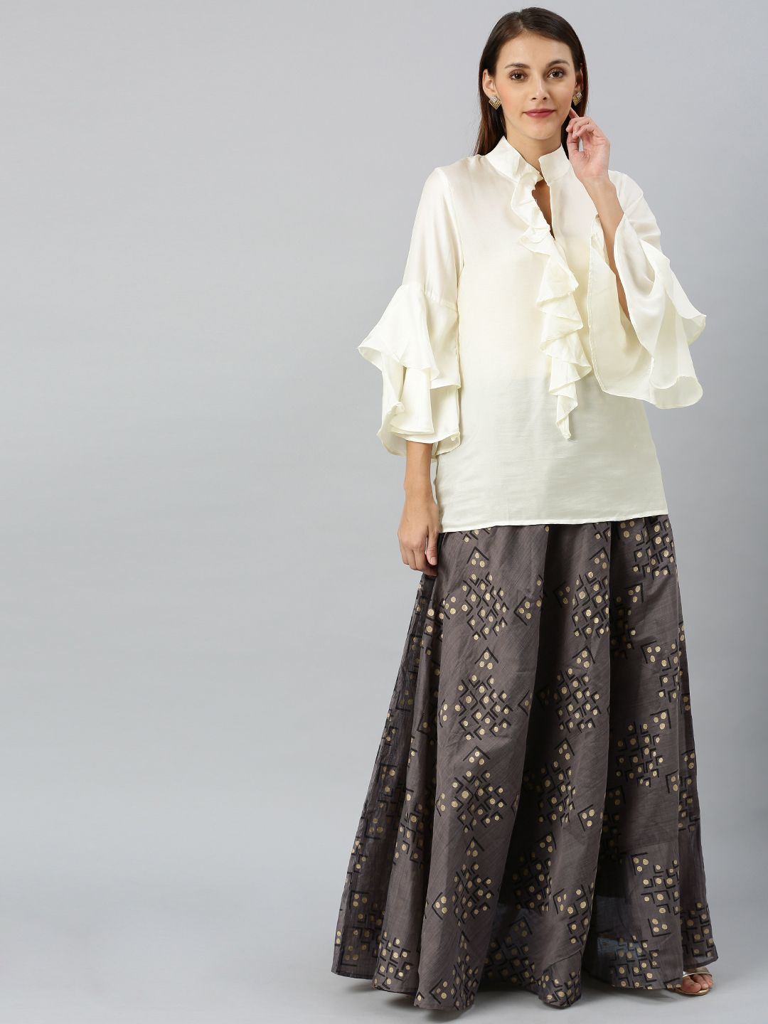 Indo Era Grey & White Printed Ready to Wear Lehenga with Blouse