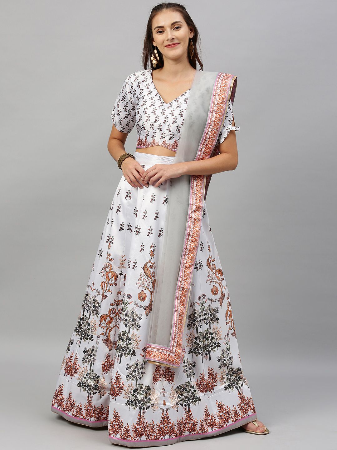 flaher White & Grey Printed Semi-Stitched Lehenga & Unstitched Blouse with Dupatta Price in India