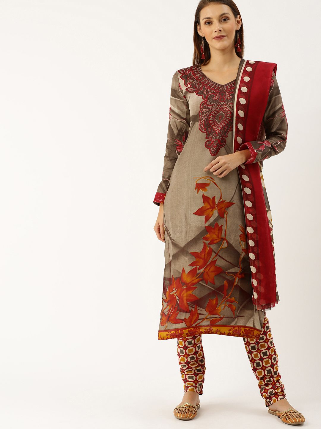 Rajnandini Taupe & Red Cotton Blend Printed Unstitched Dress Material Price in India