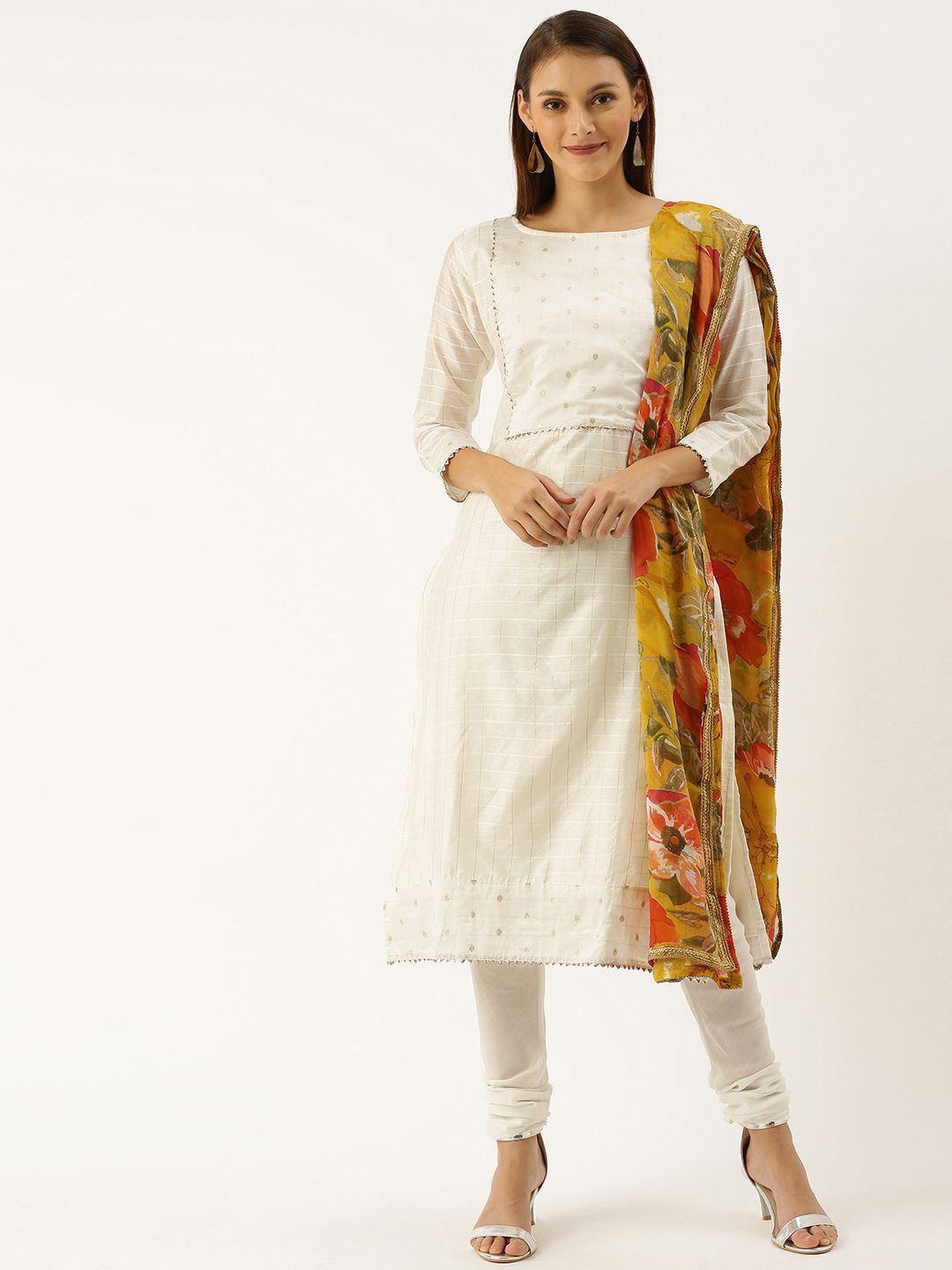 Rajnandini Off-White Silk Blend Woven Design Semi-Stitched Dress Material Price in India