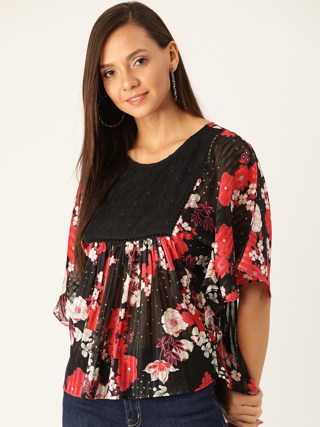 Antheaa Women Black & Red Floral Print A-Line Top Price in India
