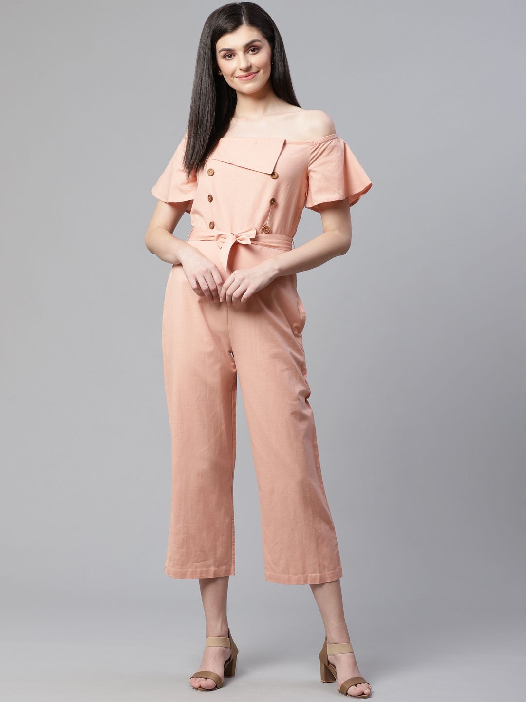 STREET 9 Women Peach-Coloured Solid Cropped Basic Jumpsuit Price in India