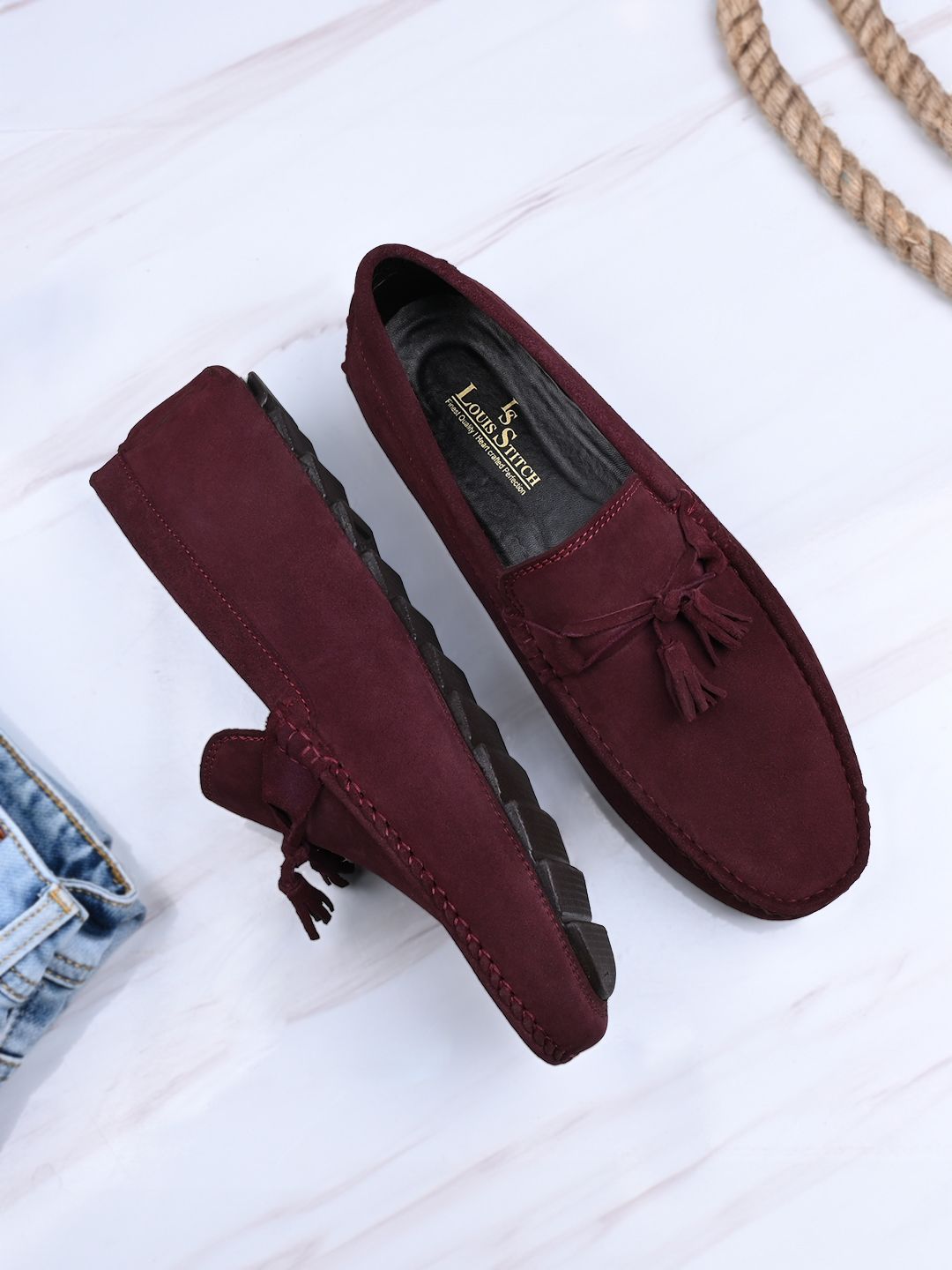 LOUIS STITCH Men Rosewood Italian Suede Leather Handmade Driving Tassel Loafers