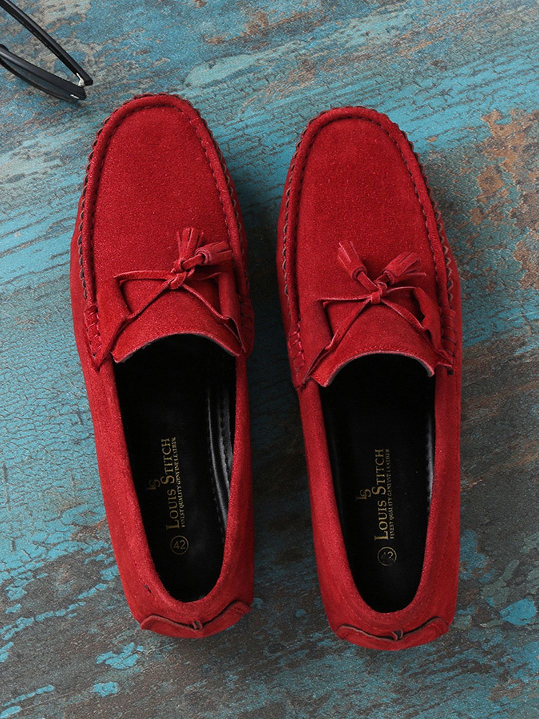 Louis Stitch Men Ferrari Red Italian Suede Leather Handmade Driving Tassel Loafers