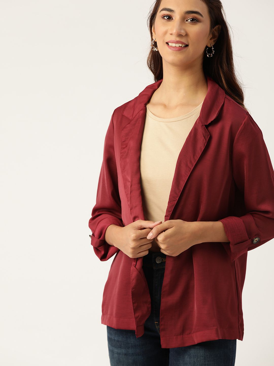 DressBerry Women Maroon Sheen Effect Solid Button Shrug Price in India