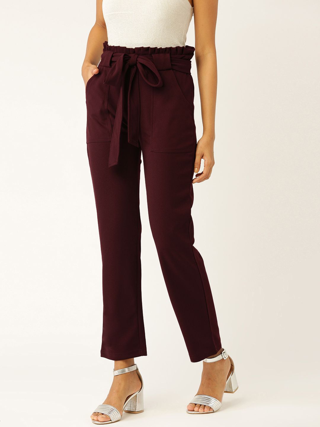 DressBerry Women Wine-Coloured Regular Fit Solid Cropped Trousers With Belt