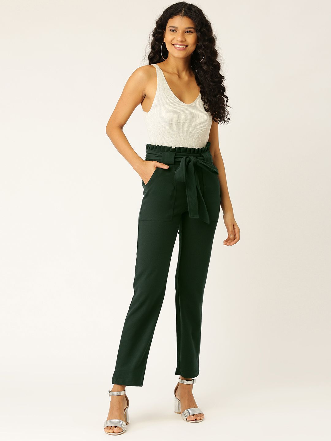 DressBerry Women Green Regular Fit Solid Cropped Trousers With Belt