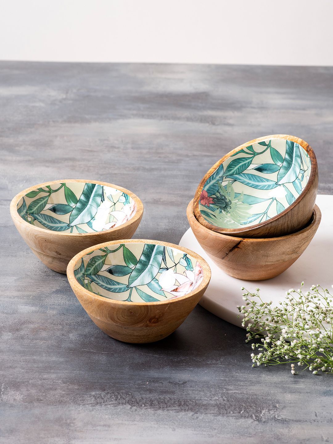 nestroots Set of 4 Brown Decorative Mango Wood Printed Serving Bowls Price in India