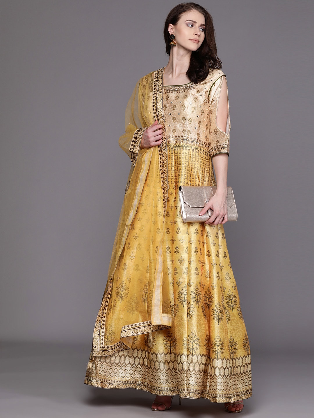 Chhabra 555 Mustard Yellow & Golden Printed Made to Measure Cocktail Gown with Dupatta Price in India