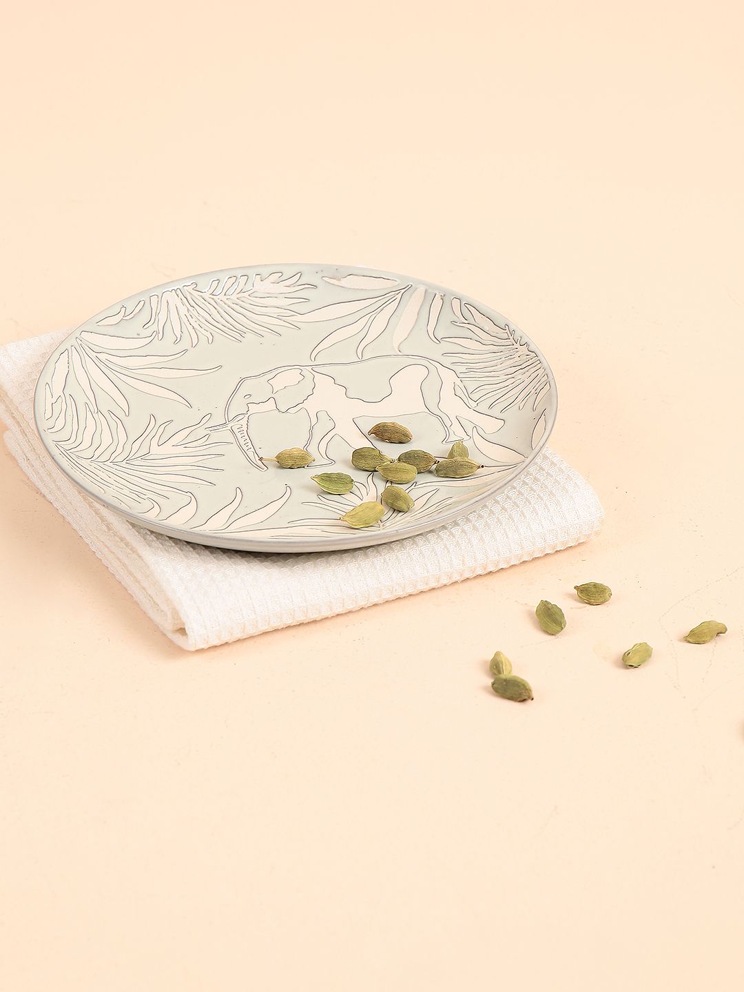 Chumbak Green & Beige Printed Ceramic Leafy Peek Quarter Plate Price in India