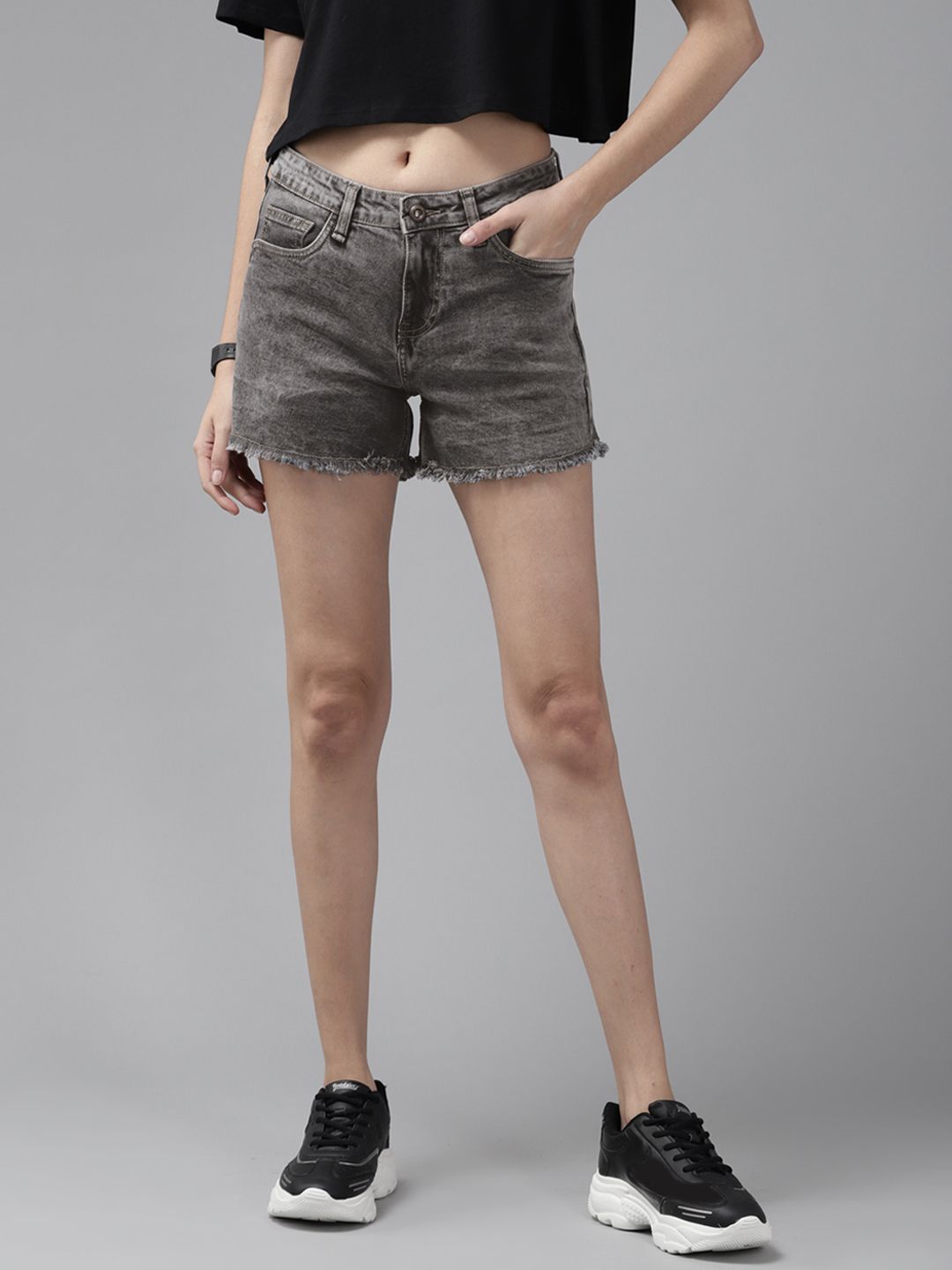 Roadster Women Charcoal Washed Denim Shorts