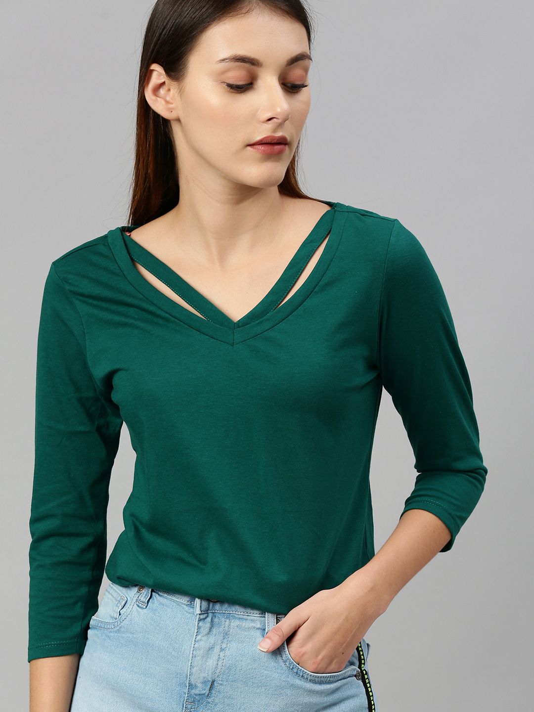 Roadster Women Green Solid Styled Neck Top Price in India
