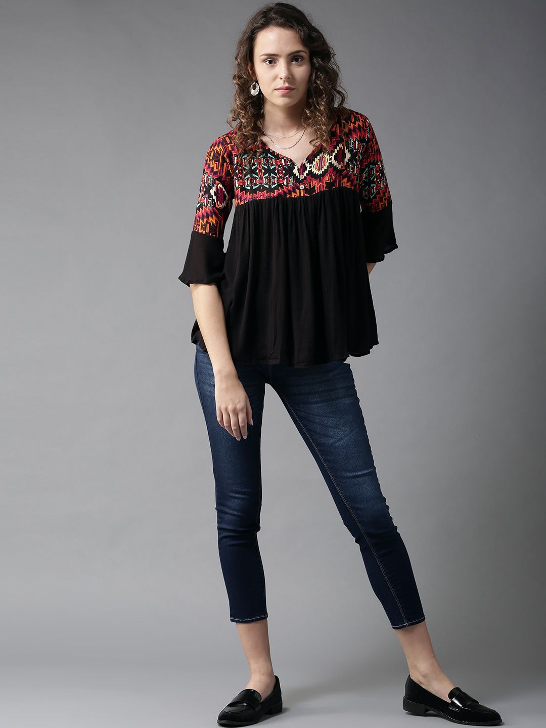 HERE&NOW Women Black Printed Top With Bell Sleeves