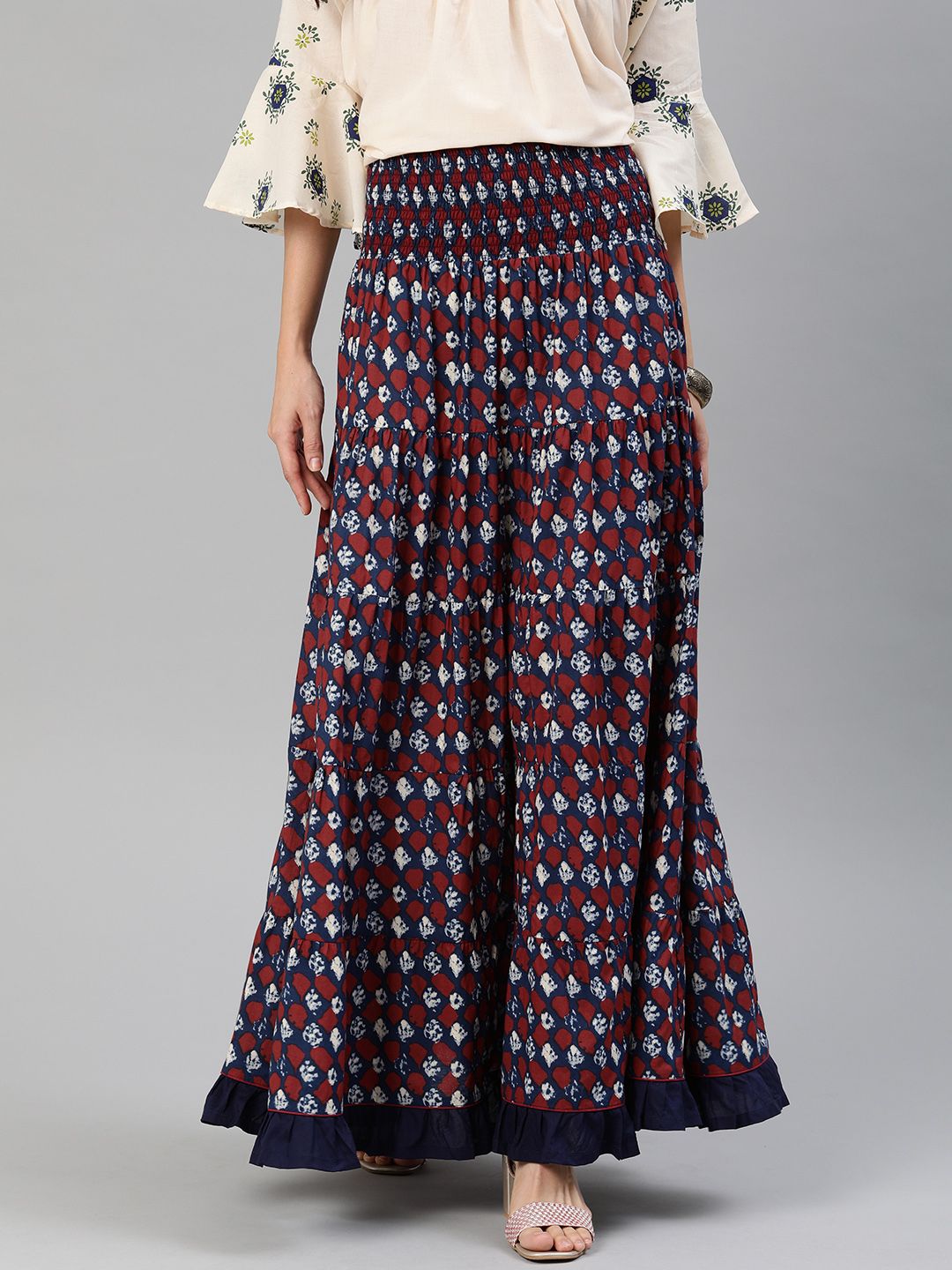 HERE&NOW Women Navy Blue & Maroon Printed Smocked Maxi Skirt