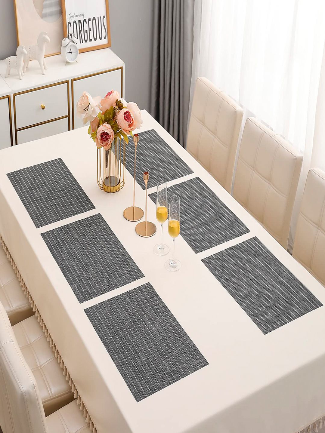 HOKIPO Set of 6 Grey Striped Table Placemats