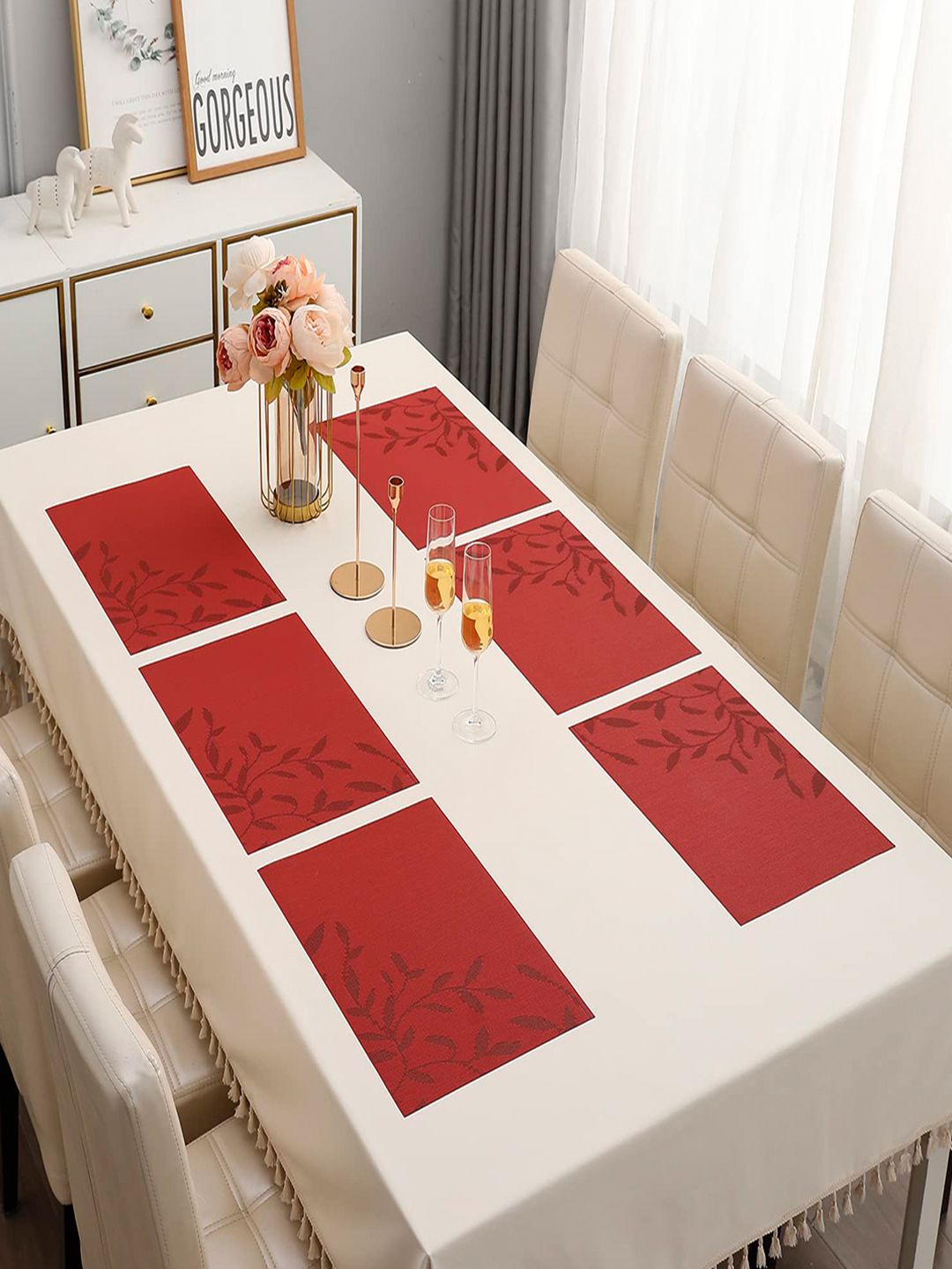 HOKIPO Set of 6 Red Floral Table Placemats