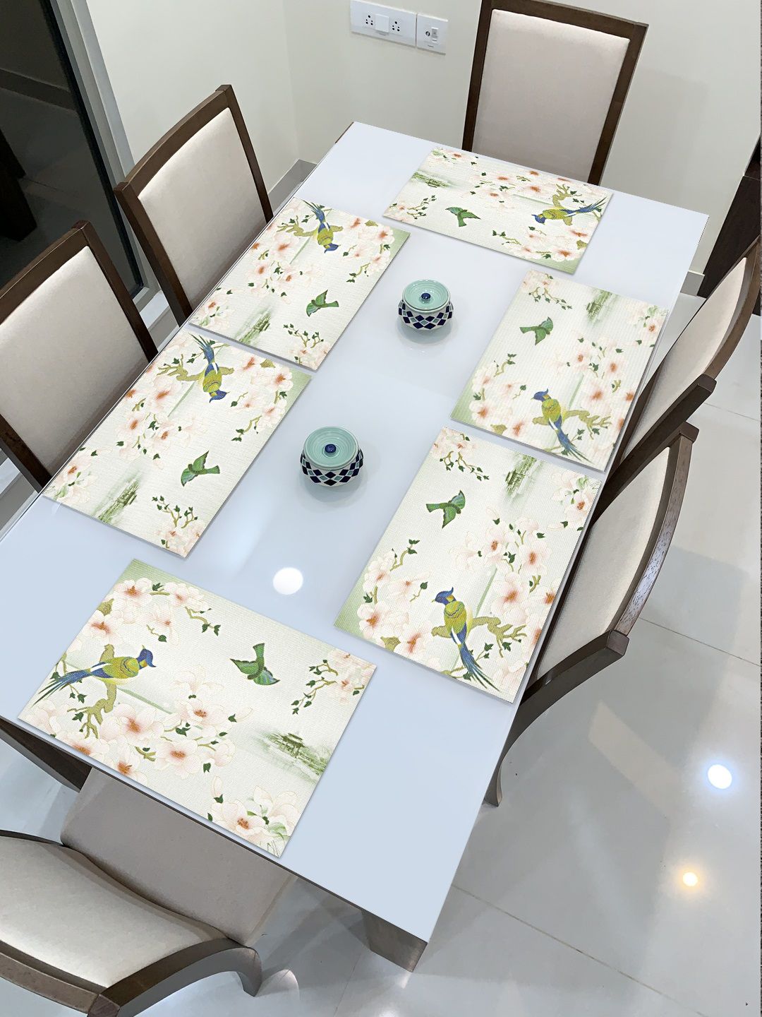 HOKIPO Set of 6 White & Green Printed Table Placemats Price in India