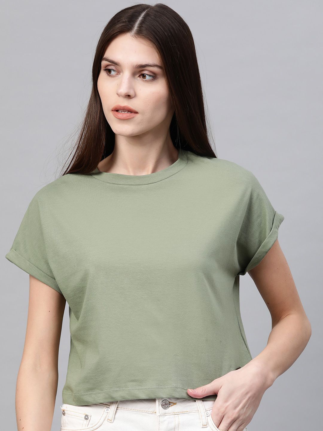 Roadster Women Green Solid Round Neck Crop Top