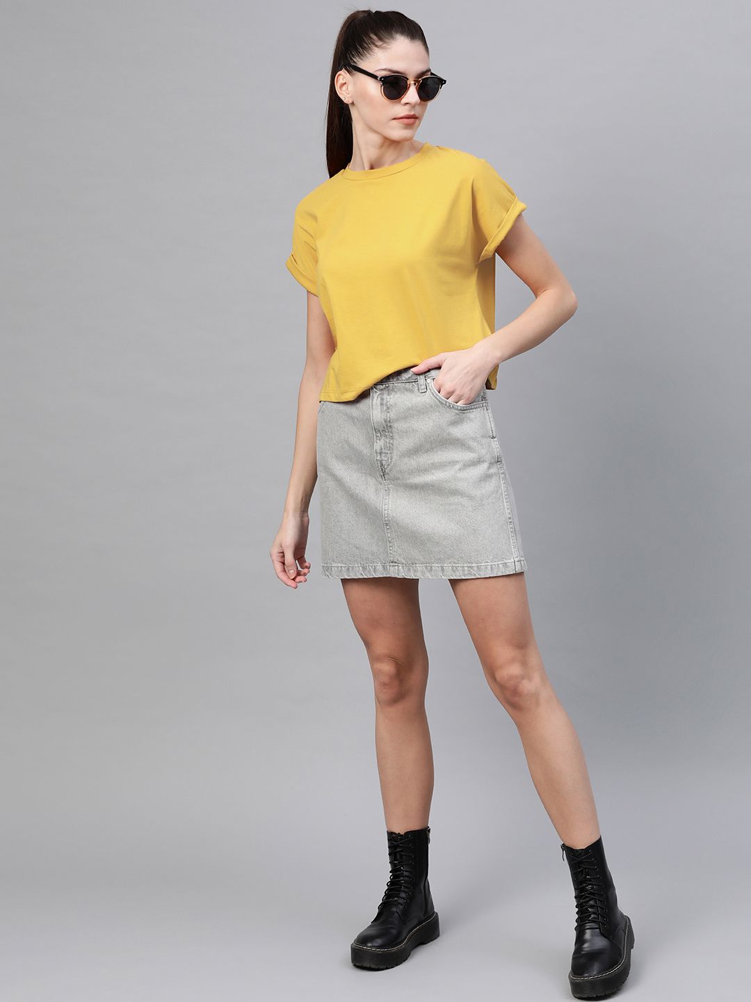 Roadster Women Mustard Yellow Solid Round Neck Top Price in India