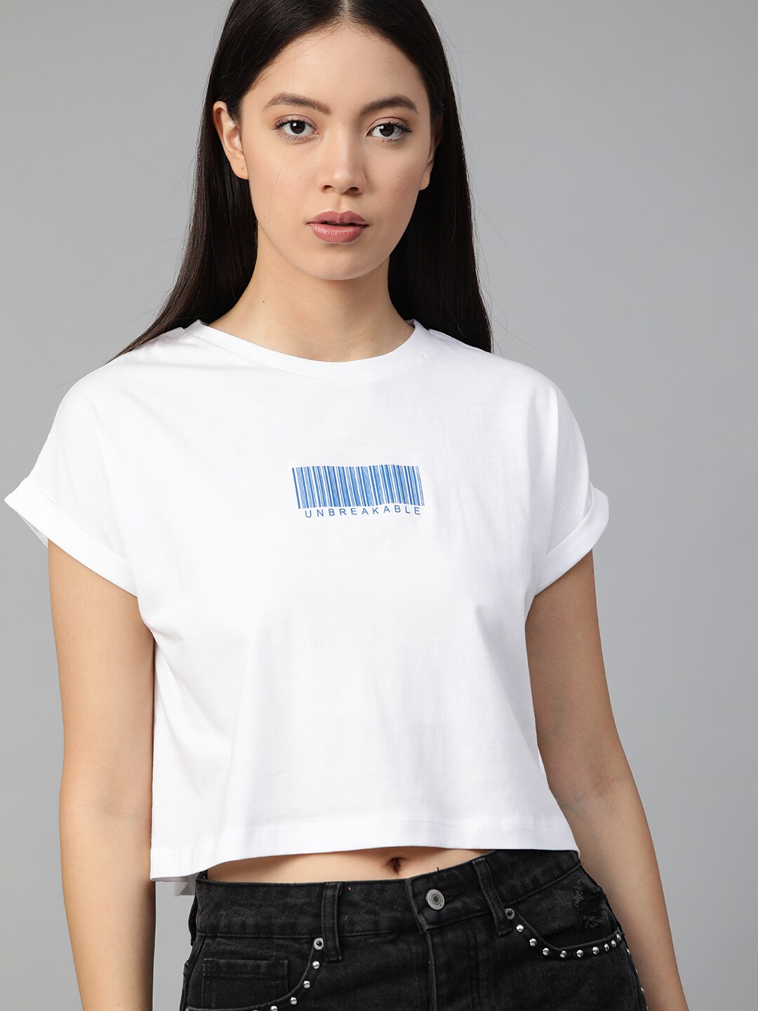 Roadster Women White Solid Round Neck Boxy Cropped Top Price in India