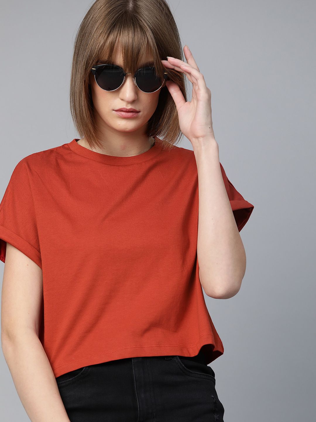 Roadster Rust Red Round Neck Boxy Crop Top Price in India