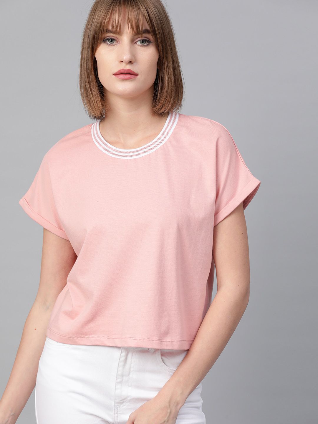 Roadster Dusty Pink Boxy Fit Round Neck Cropped Pure Cotton Top Price in India