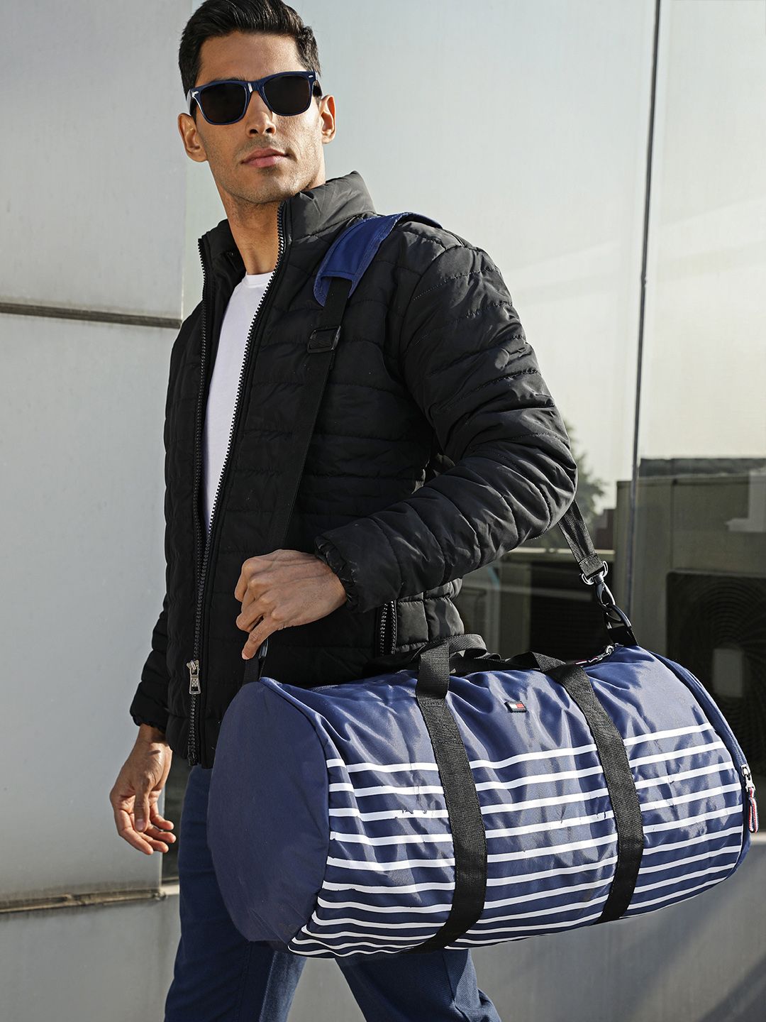 Tommy Hilfiger Unisex Navy Blue & White Striped Duffel Bag
