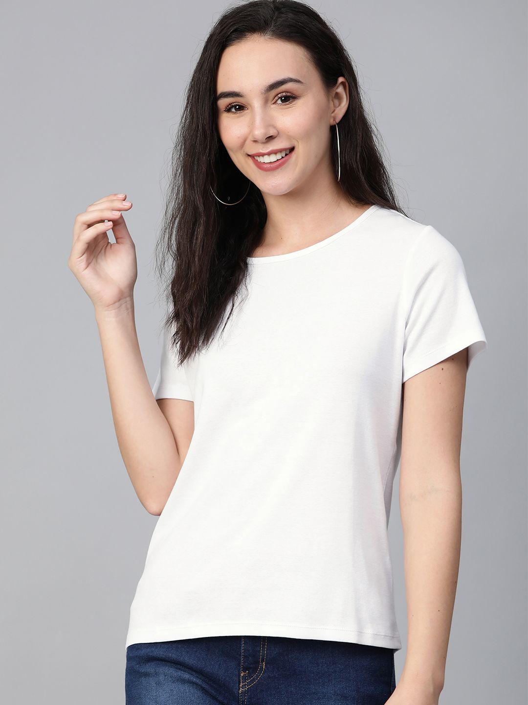 Mast & Harbour Women White Solid Round Neck T-shirt