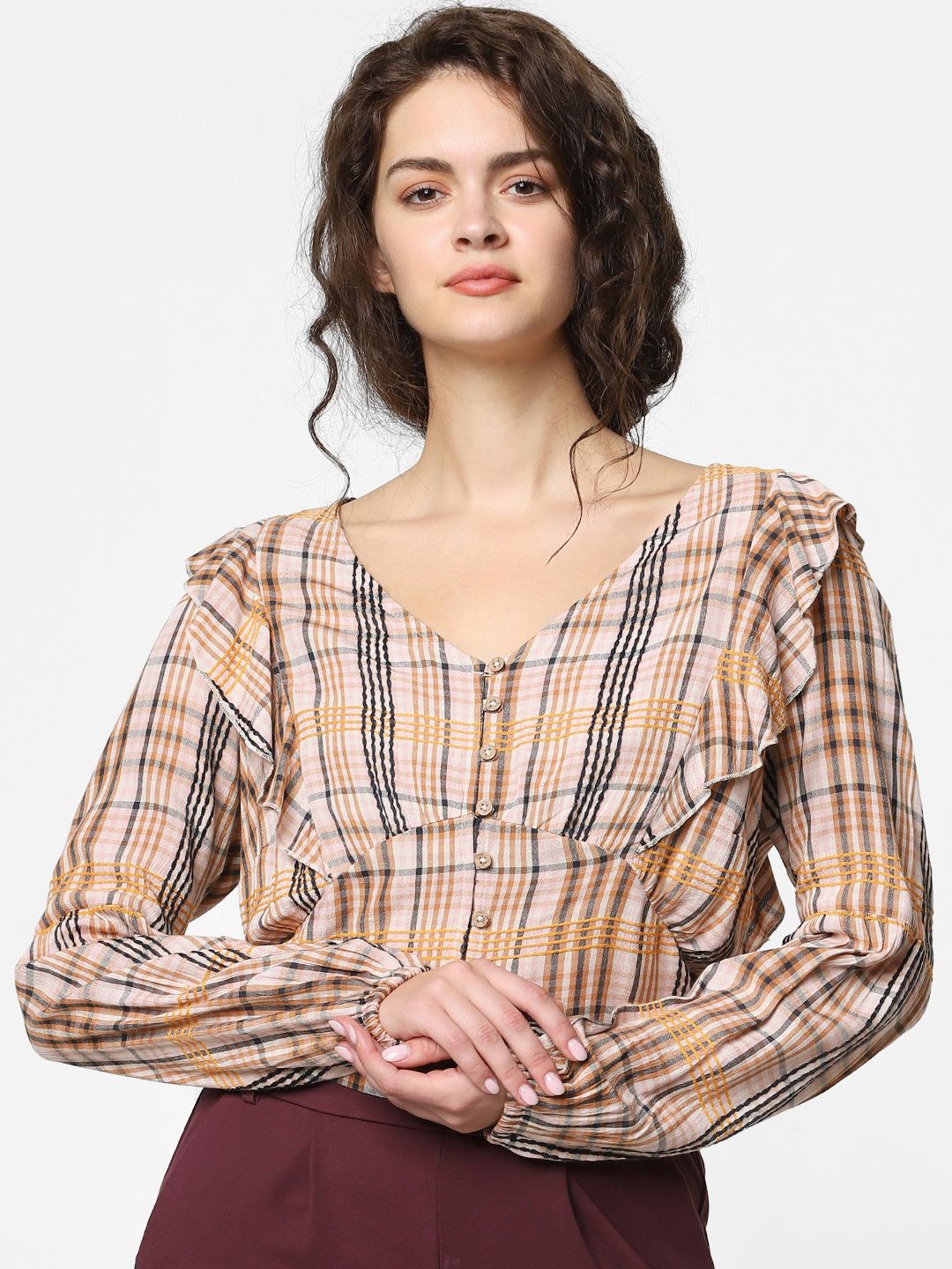 ONLY Women Pink & Black Checked Blouson Top Price in India