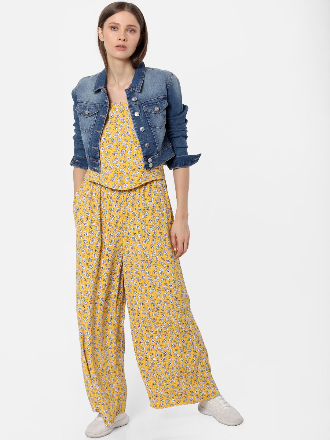 ONLY Women Mustard Yellow & White Floral Printed Basic Jumpsuit Price in India