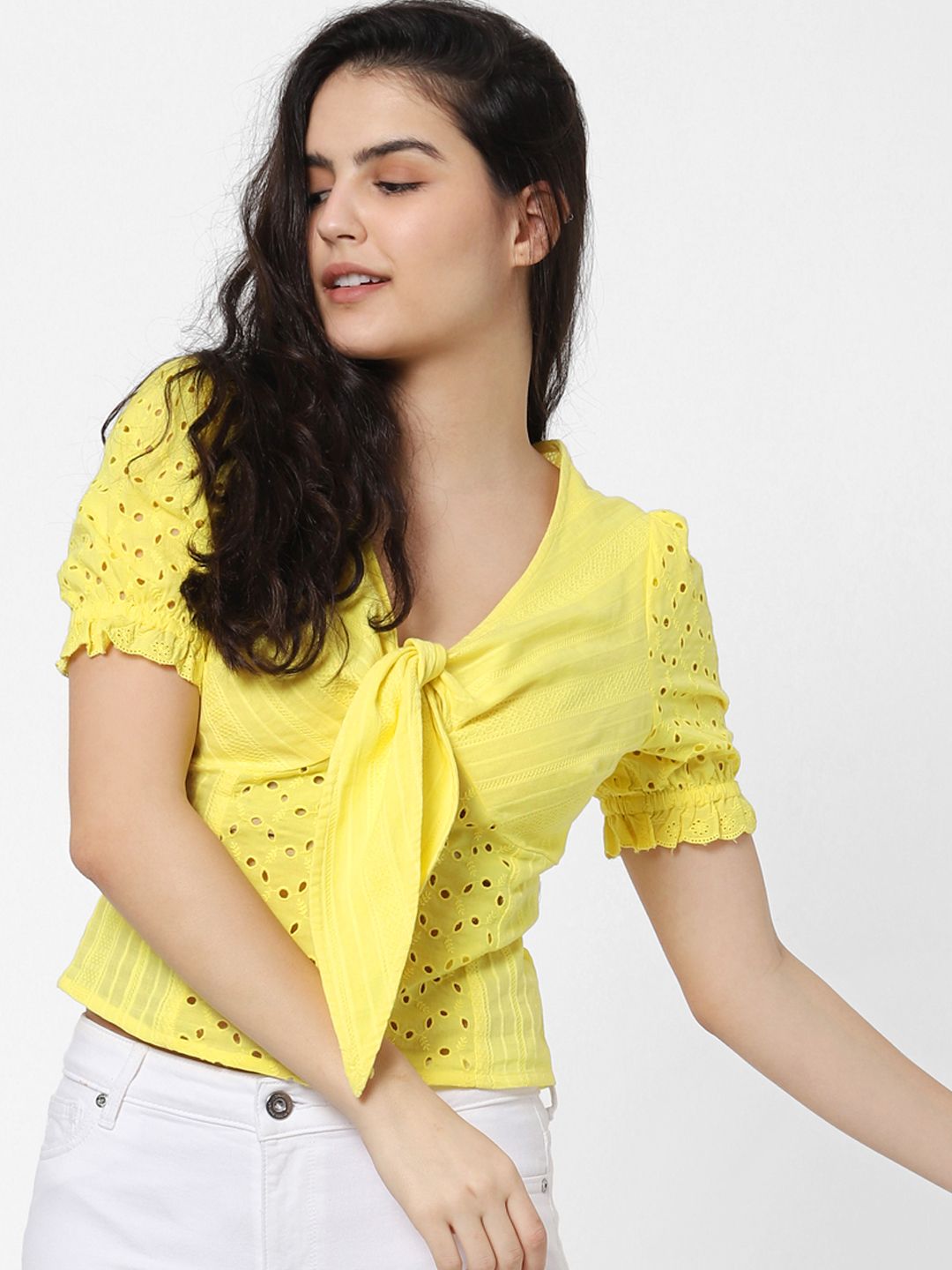 ONLY Women Yellow Self Design Schiffli Pure Cotton Top With Front-Knot Price in India
