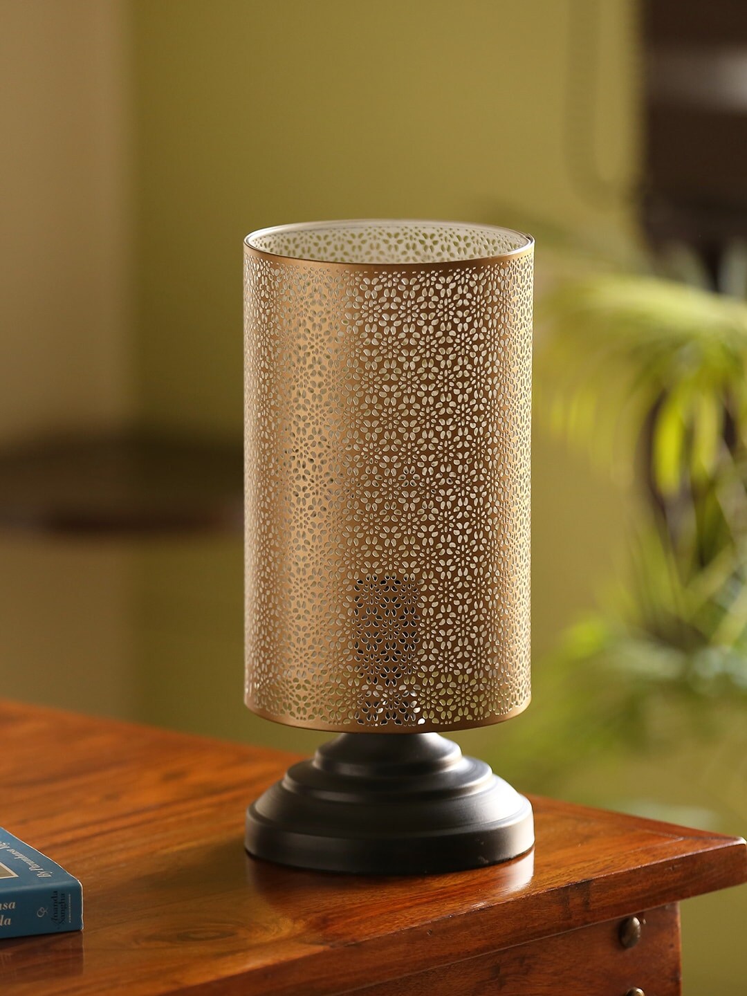 ExclusiveLane Gold-Toned Textured Handcrafted Moroccan Shimmer Bedside Table Lamp Price in India