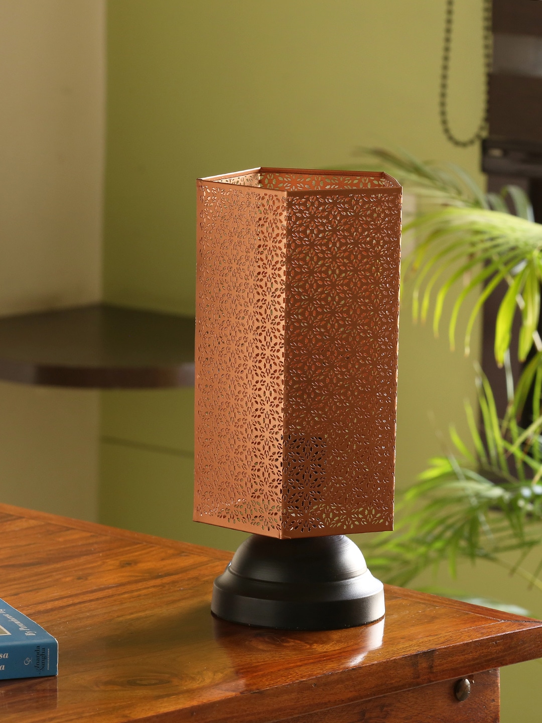 ExclusiveLane Copper-Toned Textured Handcrafted Moroccan Shimmer Bedside Table Lamp Price in India