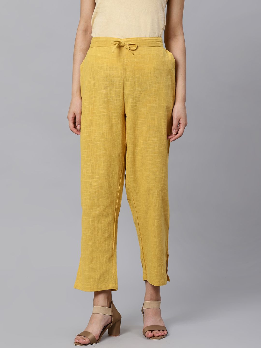 Kifahari Women Mustard Yellow Straight Fit Solid Cropped Regular Trousers Price in India