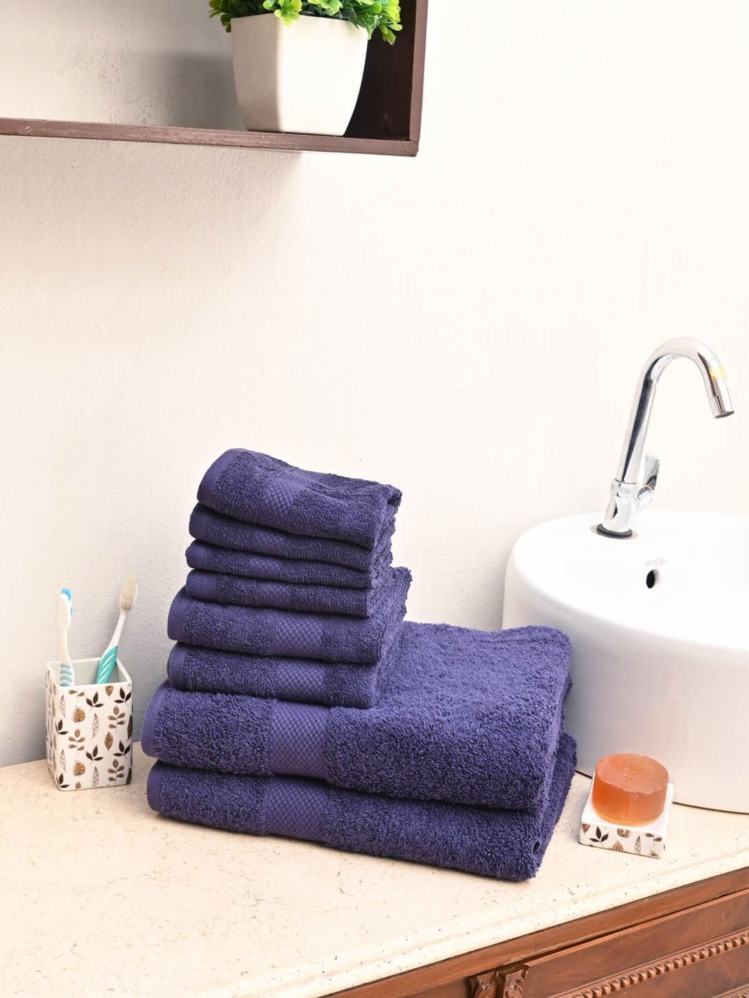 Avira Home Unisex Pack of 8 Navy Blue Solid Cotton Value 500 GSM Towels Price in India
