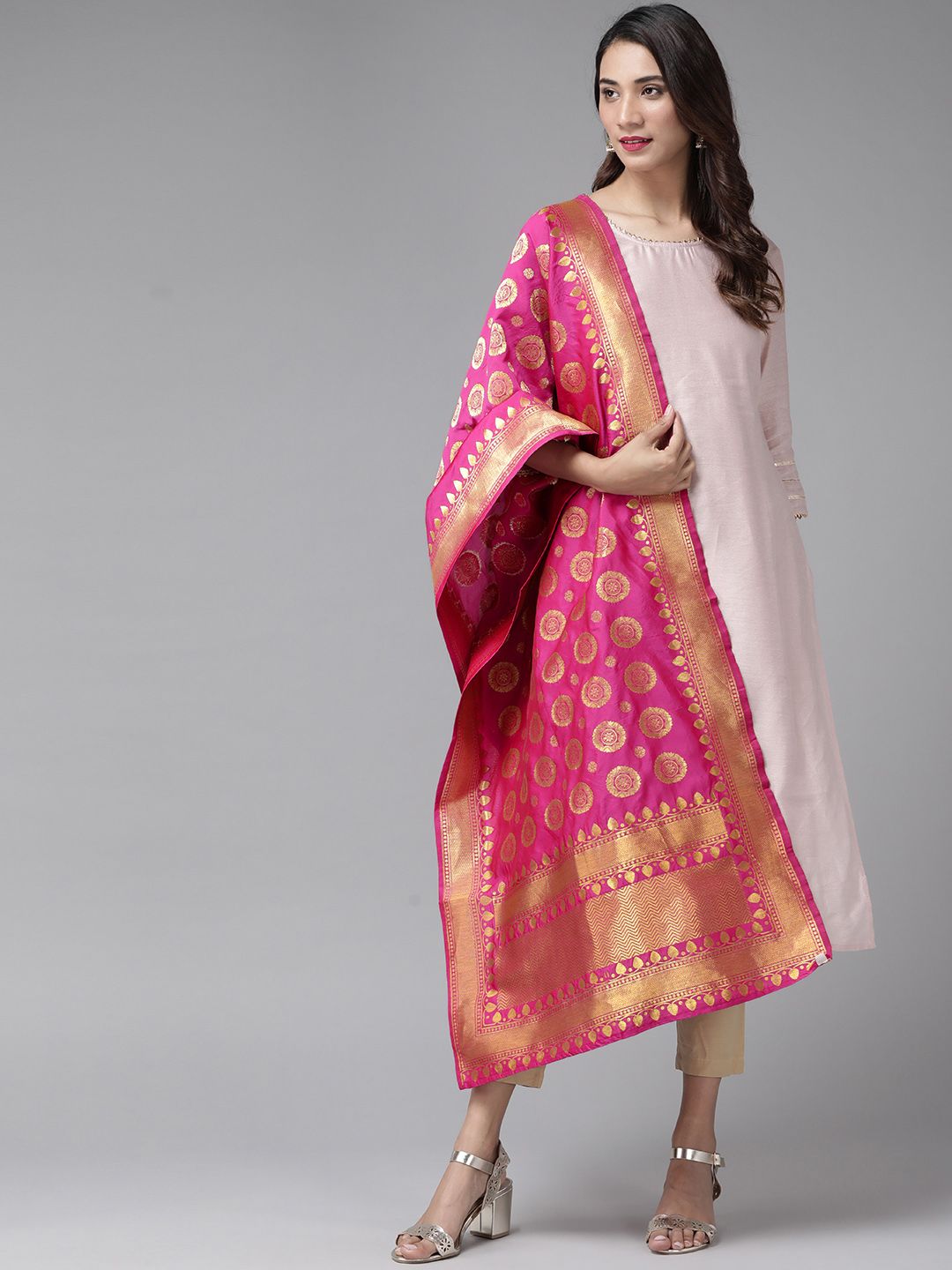 Juniper Magenta & Golden Zari Woven Design Dupatta Price in India