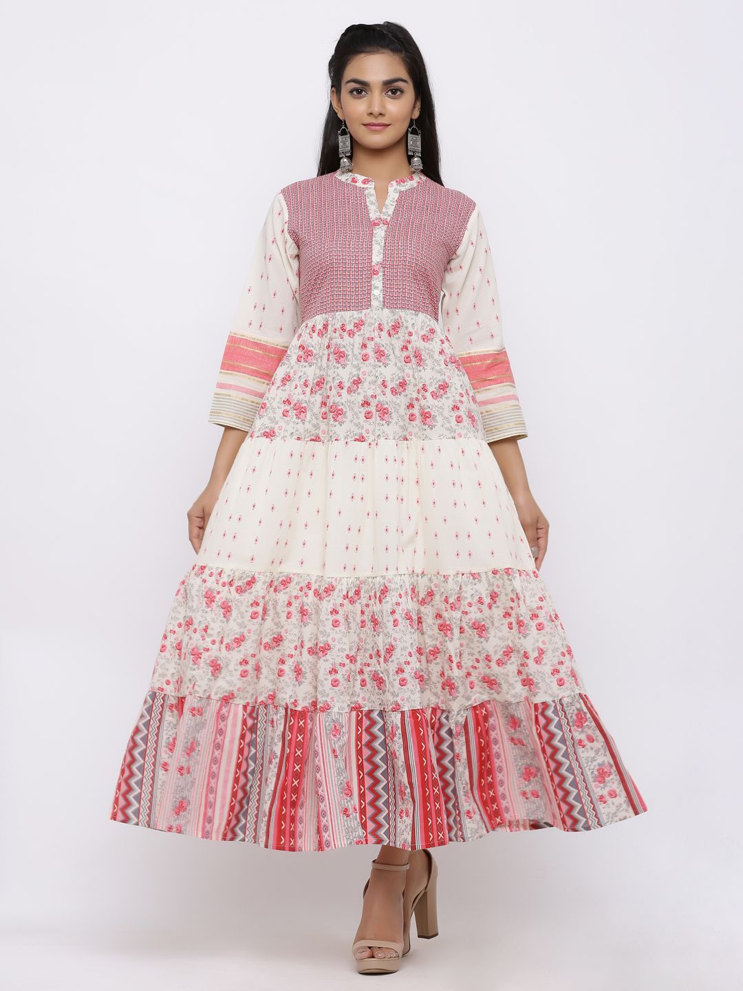 Juniper Women Pink Self Design Tiered Maxi Dress Price in India