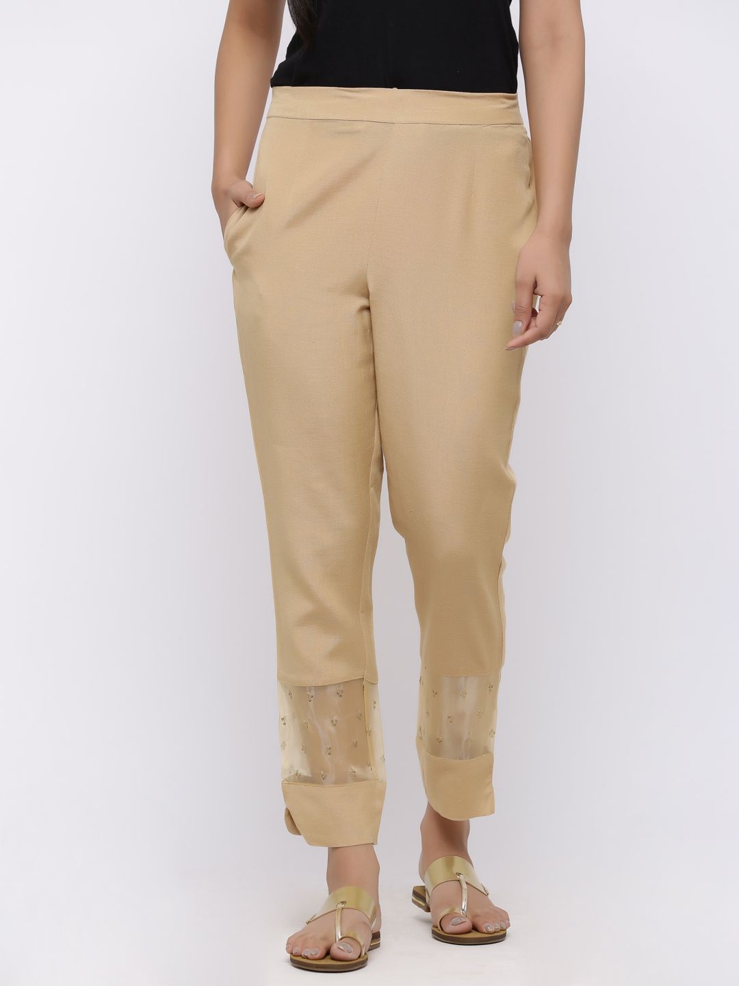 Juniper Women Gold Urban Slim Fit Embellished Cigarette Trousers Price in India