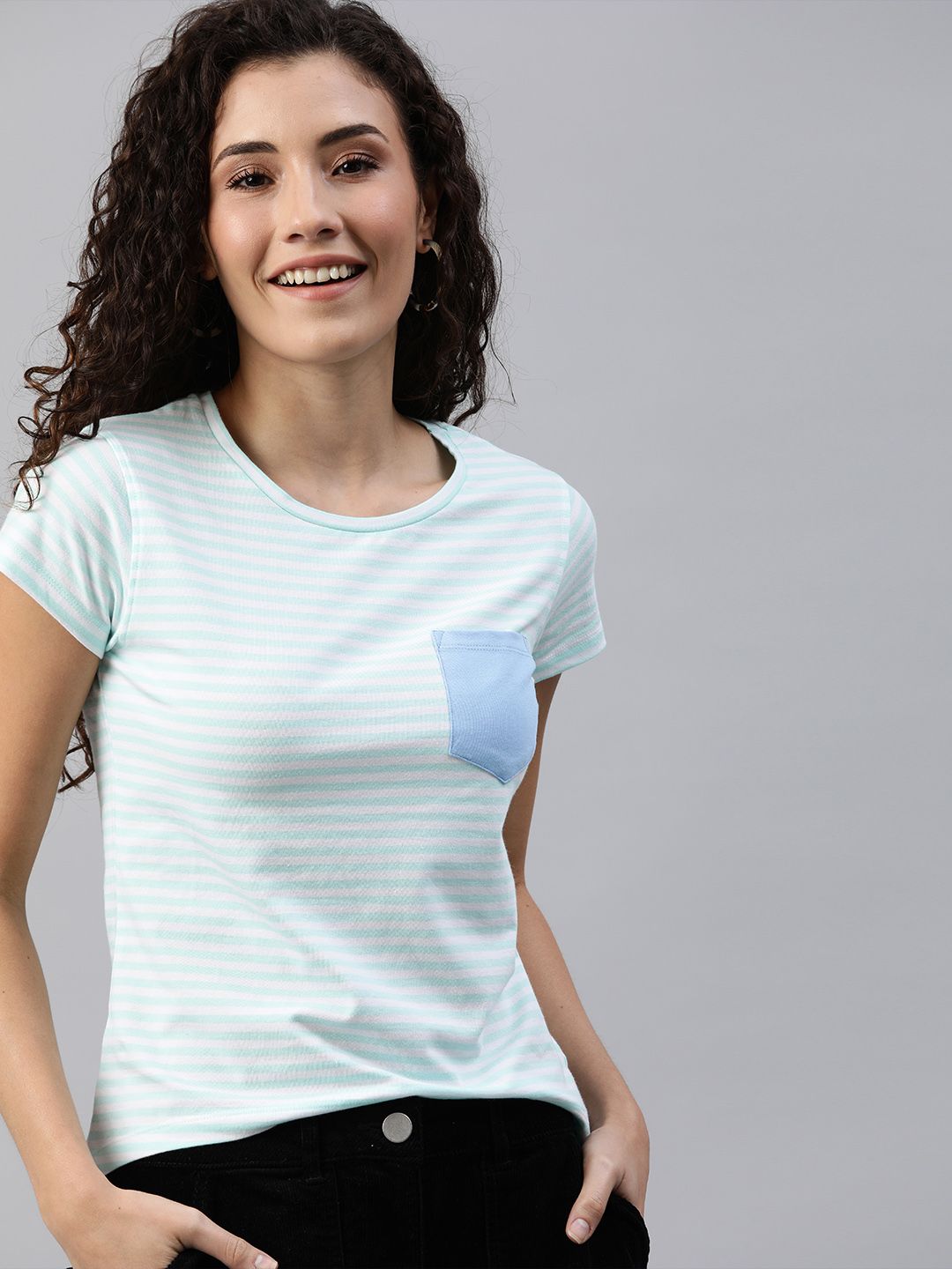 Mast & Harbour Women Blue Striped Round Neck T-shirt Price in India